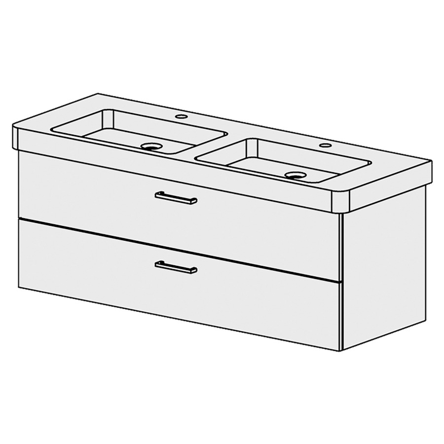 Élément inférieur  Subway 2 Comfort
125 x 46 x 44.8 cm
élément de tiroir 2&nbsp;tiroirs
tiroirs avec Blumotion
pour 2&nbsp;lavabos
pour siphon à encombrement réduit 
et manchon à emboîter 32 mm