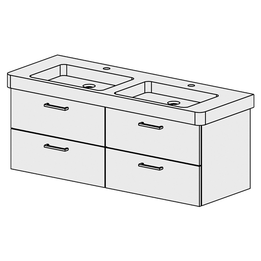 Élément inférieur  Subway 2 Comfort
125 x 46 x 44.8 cm
2&nbsp;éléments de tiroir 2&nbsp;tiroirs chacune
pour 2&nbsp;lavabos
tiroirs avec Blumotion
pour siphon à encombrement réduit 
et manchon à emboîter 32 mm