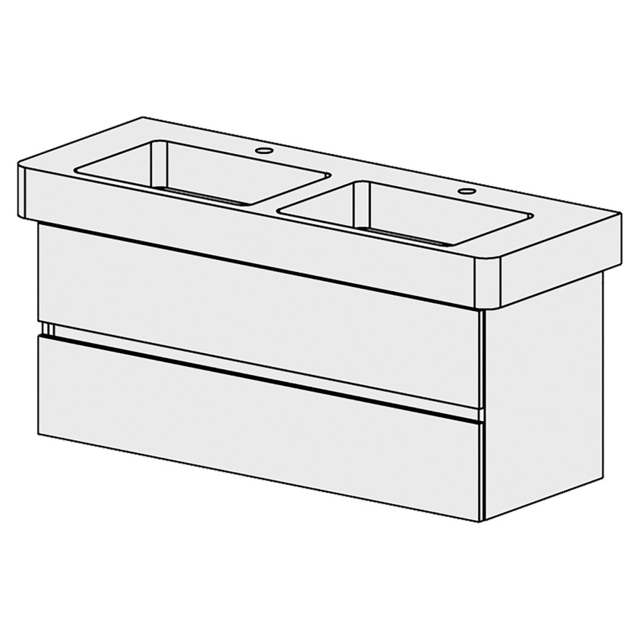 Élément inférieur  Pro Comfort
120 x 49 x 44.8 cm
élément de tiroir 2&nbsp;tiroirs
tiroirs avec Blumotion
pour 2&nbsp;lavabos
pour siphon à encombrement réduit 
et manchon à emboîter 32 mm