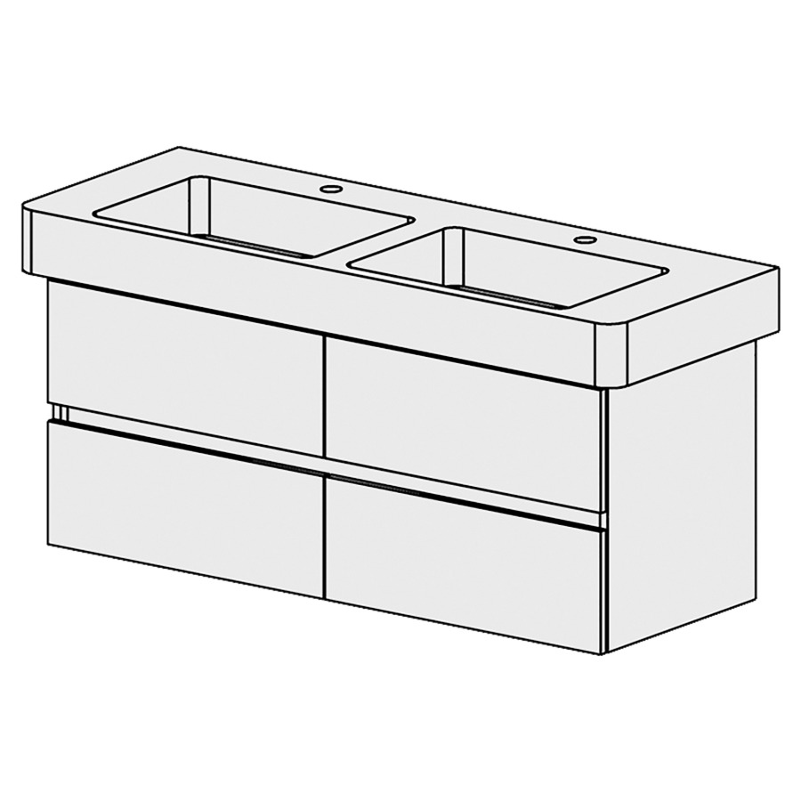 Élément inférieur  Pro Comfort
120 x 49 x 44.8 cm
2&nbsp;éléments de tiroir 2&nbsp;tiroirs chacune
tiroirs avec Blumotion
pour 2&nbsp;lavabos
pour siphon à encombrement réduit 
et manchon à emboîter 32 mm