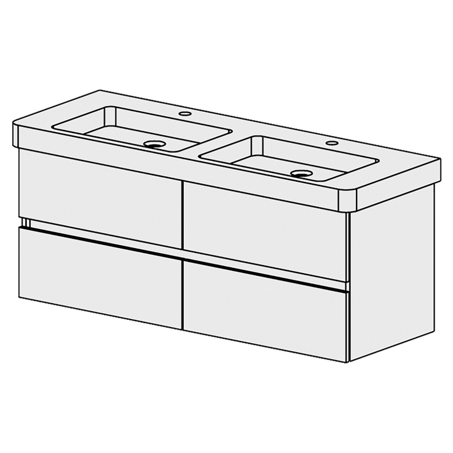 Élément inférieur  Subway 2 Comfort
125 x 49 x 44.8 cm
2&nbsp;éléments de tiroir 2&nbsp;tiroirs chacune
tiroirs avec Blumotion
pour 2&nbsp;lavabos
pour siphon à encombrement réduit 
et manchon à emboîter 32 mm