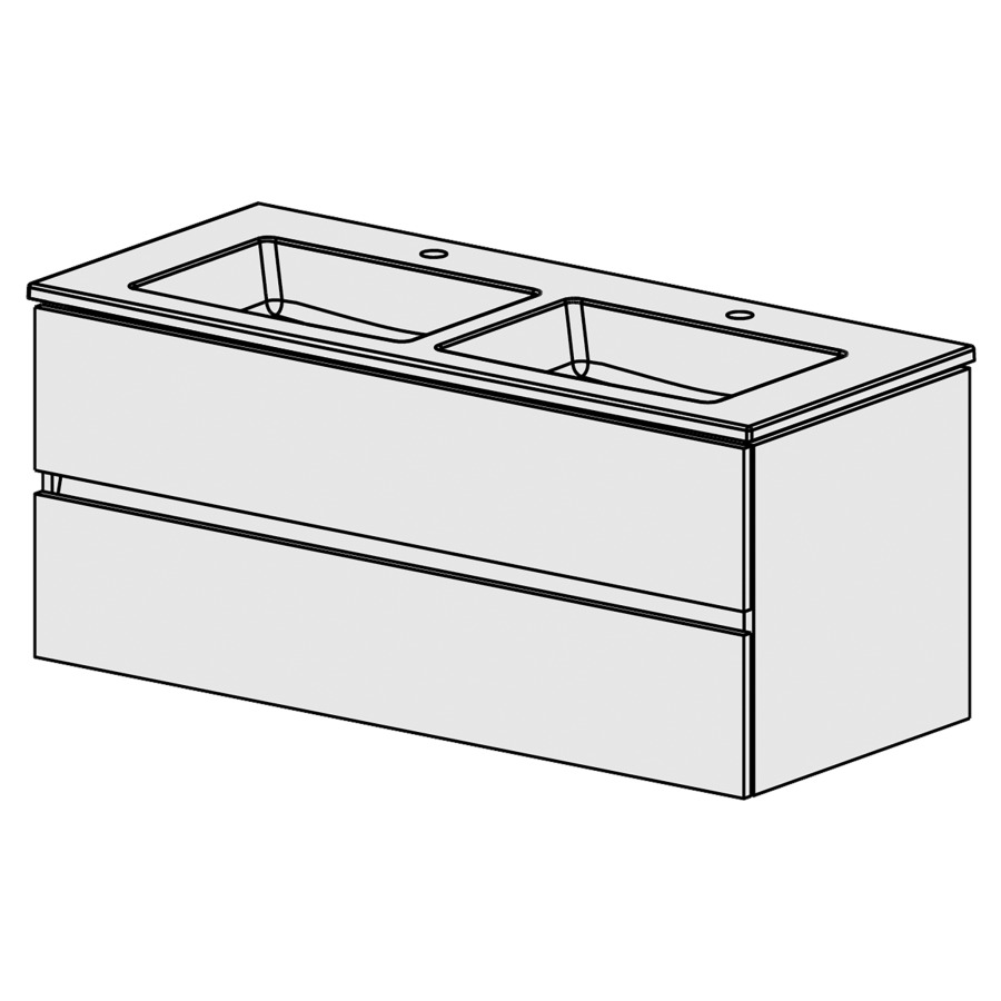 Meuble Stilo Ceram Cube 121
L: 121 / H:52.2 / P:51.5 cm
avec  table en céramique
avec  trop-plein
avec 2 lavabos
2 tiroirs
faces/côtés selon palette
liste décor