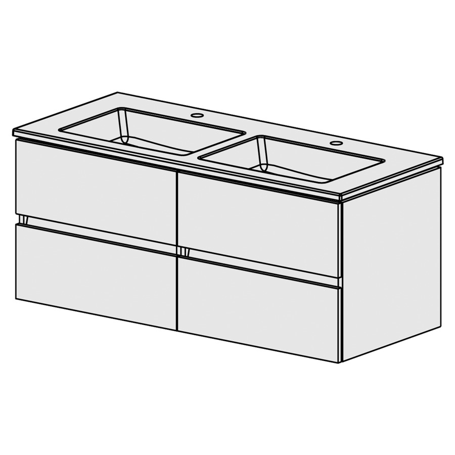 Meuble Stilo Ceram Cube 121
L: 121 / H:52.2 / P:51.5 cm
avec  table en céramique
avec  trop-plein
avec 2 lavabos
4 tiroirs
faces/côtés selon palette
liste décor