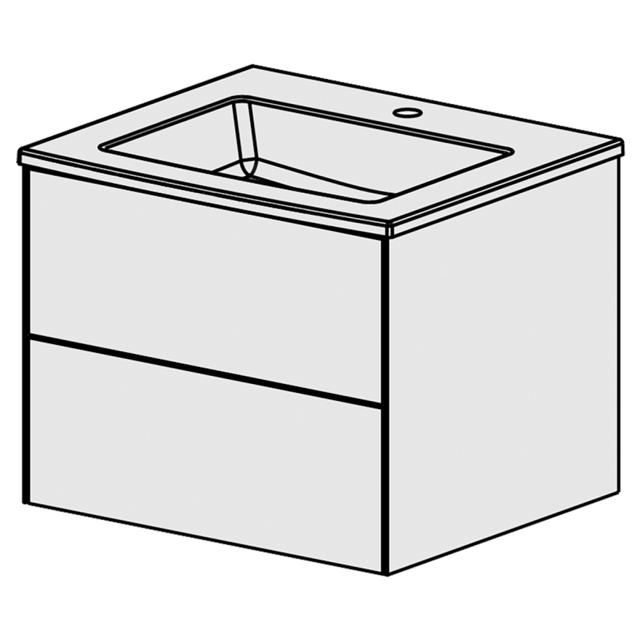 Meuble Pura Ceram Cube 61
L: 61 / H: 50 / P: 51.5 cm
avec table en céramique
avec  trop-plein
avec 1 lavabo au milieu
2 tiroirs
Tip-On
Face selon palette
Côtés FB selon palette