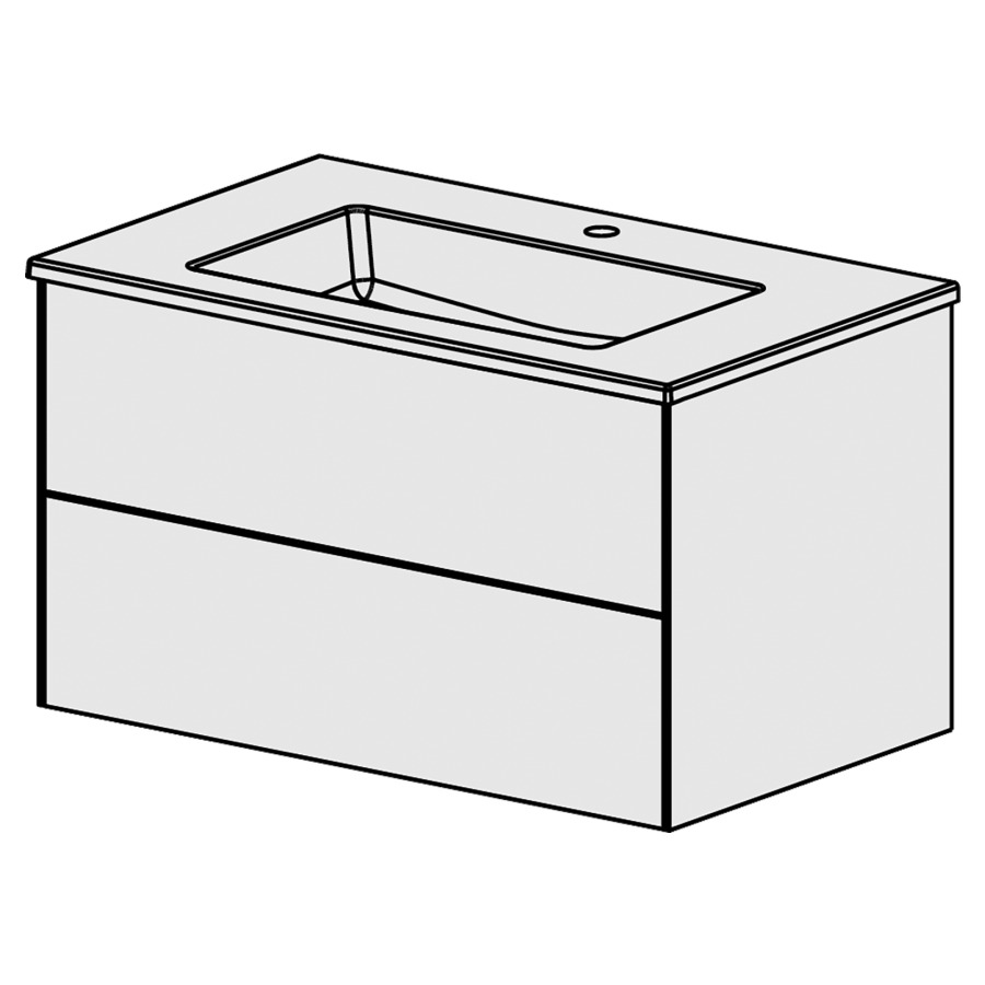 Meuble Pura Ceram Cube 86
L: 86 / H: 50 / P: 51.5 cm
avec table en céramique
avec  trop-plein
avec 1 lavabo au milieu
2 tiroirs
Tip-On
Face selon palette
Côtés FB selon palette