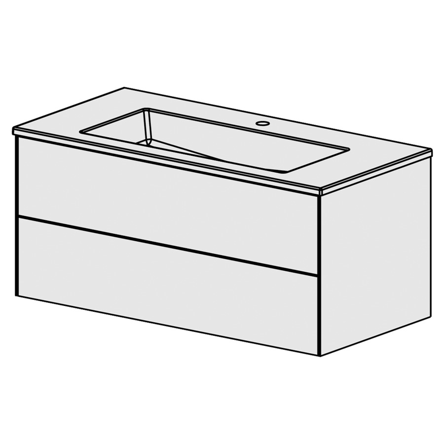 Meuble Pura Ceram Cube 106
L: 106 / H: 50 / P: 51.5 cm
avec table en céramique
avec  trop-plein
avec 1 lavabo au milieu
2 tiroirs
Tip-On
Face selon palette
Côtés FB selon palette