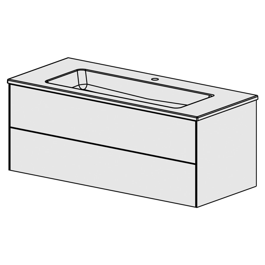 Meuble Pura Ceram Cube 121
L: 121 / H: 50 / P: 51.5 cm
avec table en céramique
avec  trop-plein
avec 1 lavabo au milieu
2 tiroirs
Tip-On
Face selon palette
Côtés FB selon palette