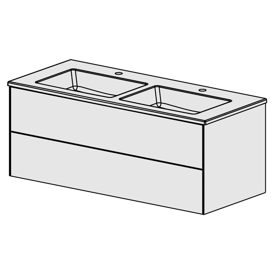 Meuble Pura Ceram Cube 121
L: 121 / H: 50 / P: 51.5 cm
avec table en céramique
avec  trop-plein
avec 2 lavabos
2 tiroirs
Tip-On
Face selon palette
Côtés FB selon palette