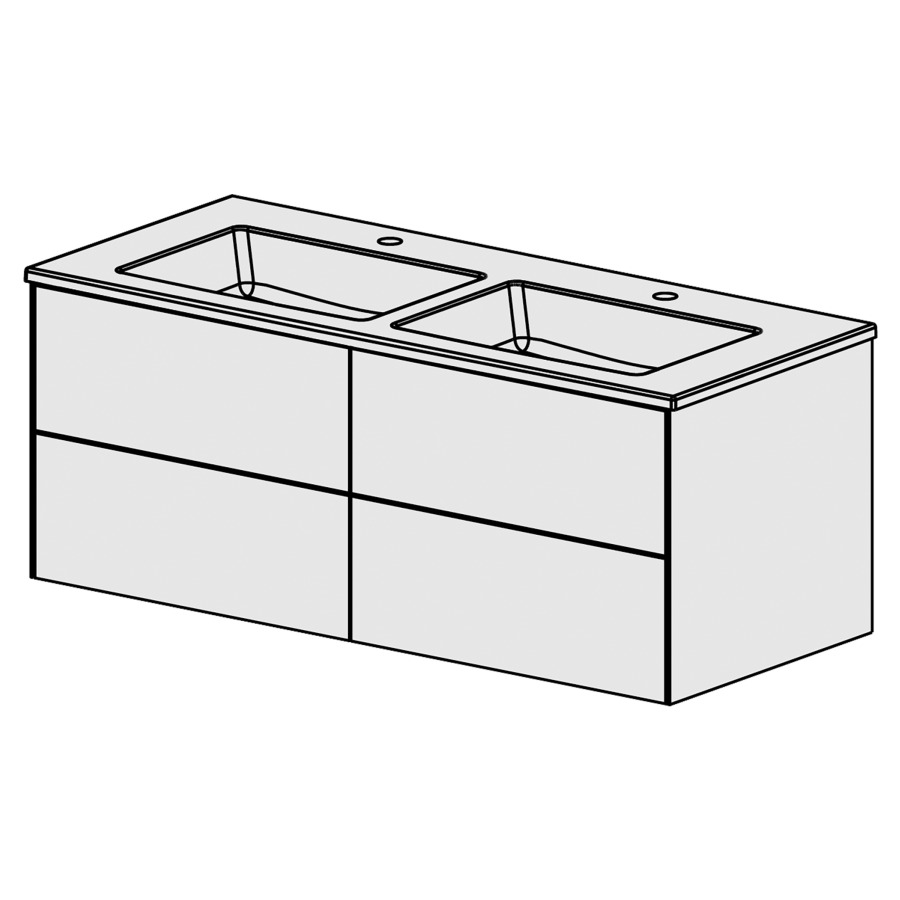 Meuble Pura Ceram Cube 121
L: 121 / H: 50 / P: 51.5 cm
avec table en céramique
avec  trop-plein
avec 2 lavabos
4 tiroirs
Tip-On
Face selon palette
Côtés FB selon palette