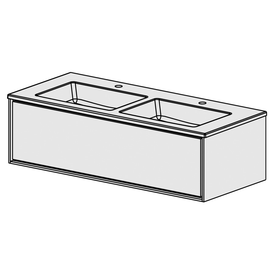 Meuble Harmony Ceram Cube 121,
L: 121 / H: 35 / P: 51.5 cm
Table en céramique blanc
avec 2 lavabos
Tip-On
faces selon palette
côtés blanc brillant
