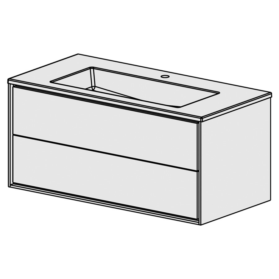 Meuble Harmony Ceram Cube 106,
L: 106 / H: 52 / P: 51.5 cm
Table en céramique blanc
avec 1 lavabo au milieu
2 tiroirs
avec Tip-On
faces selon palette
côtés blanc brillant