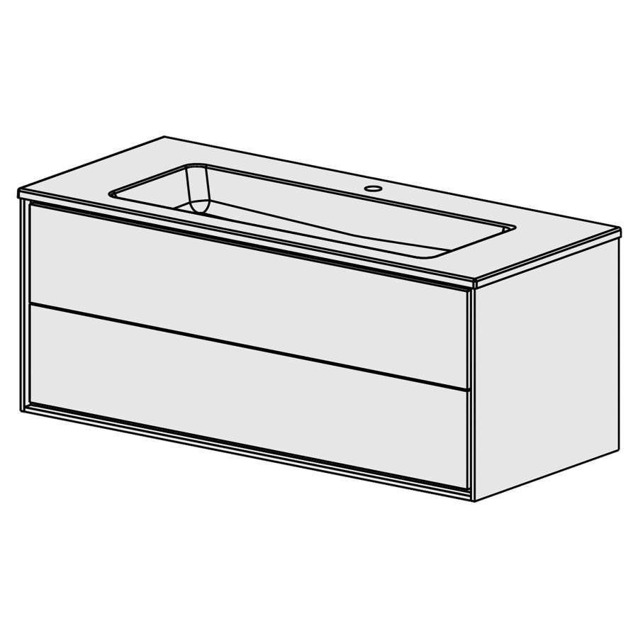 Meuble Harmony Ceram Cube 121,
L: 121 / H: 52 / P: 51.5 cm
Table en céramique blanc
avec 1 lavabo au milieu
2 tiroirs
avec Tip-On
faces selon palette
côtés blanc brillant