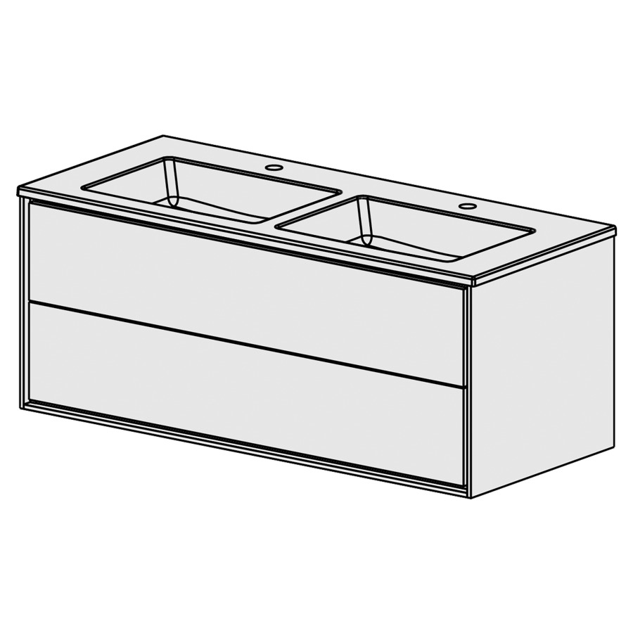 Meuble Harmony Ceram Cube 121,
L:121 / H: 52 / P: 51.5 cm
Table en céramique blanc
avec 2 lavabos
2 tiroirs
avec Tip-On
faces selon palette
côtés blanc brillant