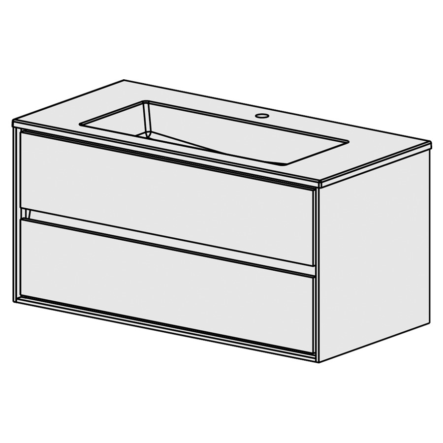 Meuble Harmony Ceram Cube 106,
L: 106 / H: 52 / P: 51.5 cm
Table en céramique blanc
avec 1 lavabo au milieu
2 tiroirs
liste décor
faces selon palette
côtés blanc brillant