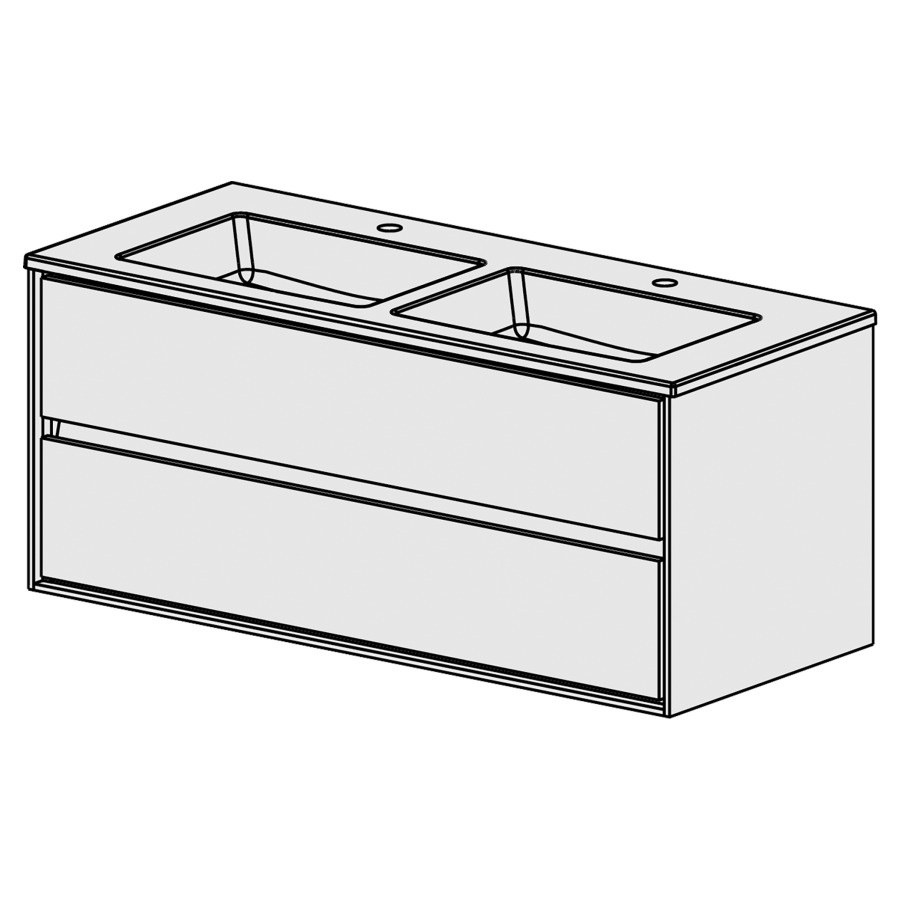 Meuble Harmony Ceram Cube 121,
L: 121 / H: 52 / P: 51.5 cm
Table en céramique blanc
avec 2 lavabos
2 tiroirs
liste décor
faces selon palette
côtés blanc brillant
