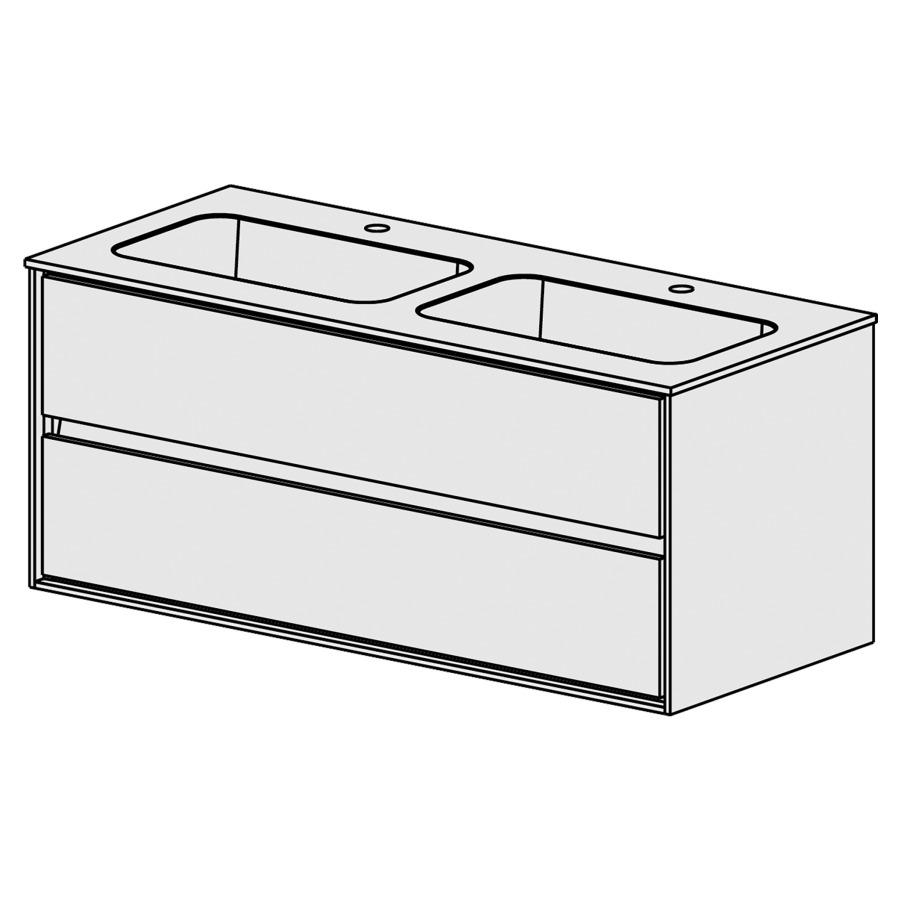 Meuble Harmony Mineral mat
120,5 cm
L: 120, H: 48,5, P: 51,5 cm
table en marbre artificiel
blanc mat,avec 2 lavabos
sans trop-plein,2 tiroirs
tiroirs avec Blumotion
côtés visibles blanc mat
faces selon code
couleurs selon palette
liste décor au milieu
inclus siphon à encombrement
réduit & joint caoutchouc 32mm