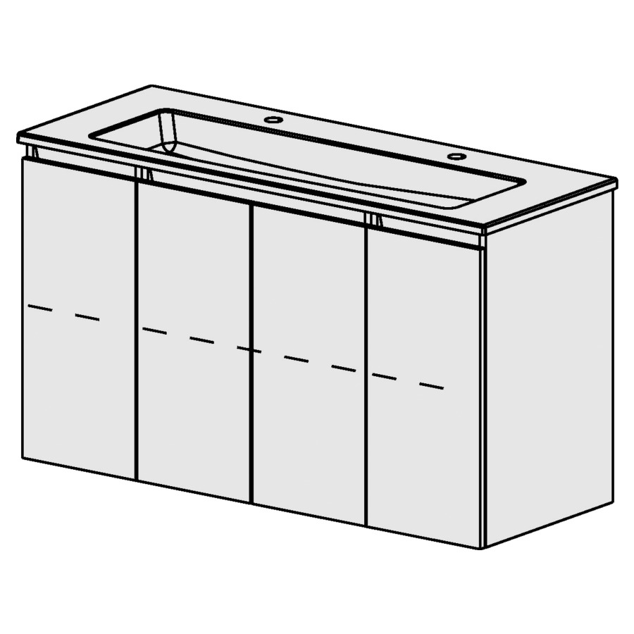 Meuble PROmo-S New XL 121 cm
L: 121 H: 70  P: 46 cm
table en céramique blanc
avec 1 lavabo au milieu
avec 2 trous de robinetterie
avec 1-2-1 portes, avec 3 rayo
faces/côtés visibles selon cod
avec liste décor