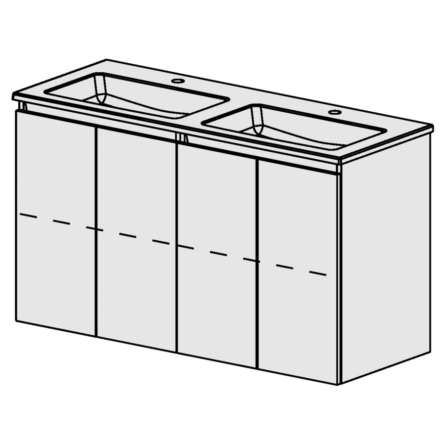 Meuble PROmo-S New XL 121 cm
L:121  H: 70 P:46 cm
table en céramique blanc
avec 2 lavabos
4 portes, avec 2 rayons
faces/côtés visibles selon cod
avec liste décor