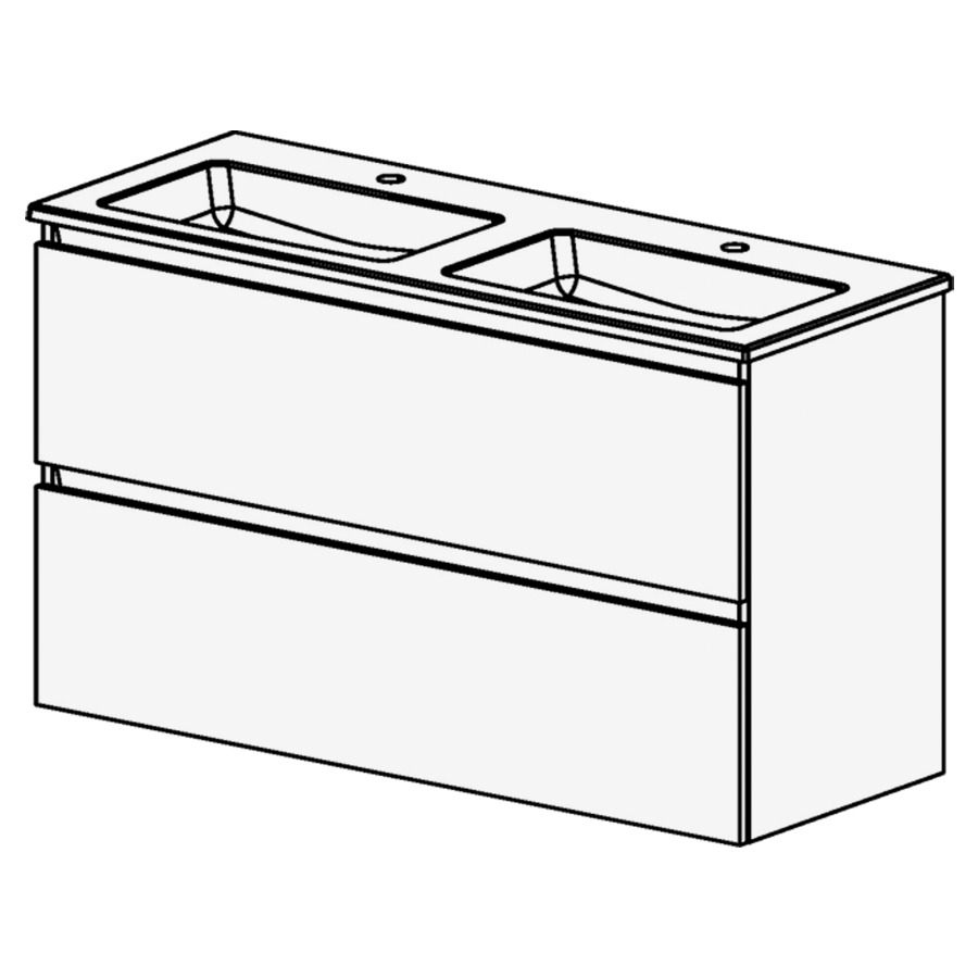Meuble PROmo-S New XL 121 cm
L:121 H: 70  P:46 cm
table en céramique blanc
avec 2  lavabos
avec 2 tiroirs
faces/côtés visibles selon cod
avec liste décor