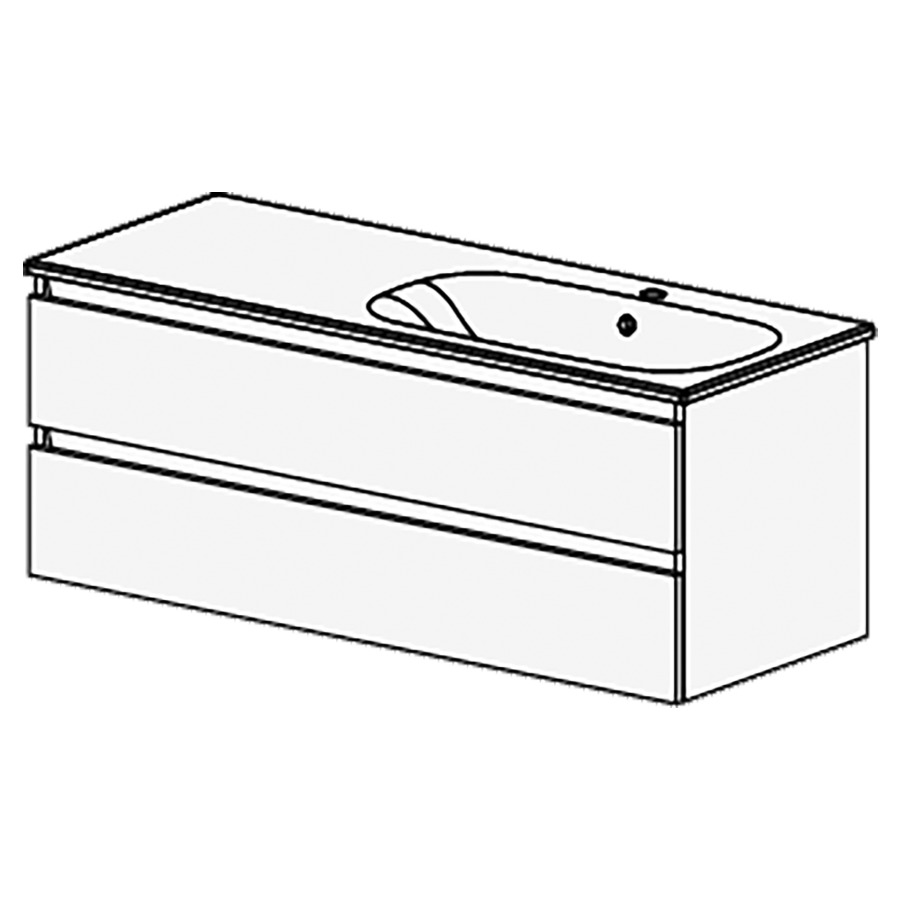 Meuble PROmo Organic 121 cm
L: 121 H: 47,8 P: 46,5 cm
table en céramique blanc
avec 1 lavabo à droite
avec 2 tiroirs
faces/côtés visibles
selon code
avec liste décor