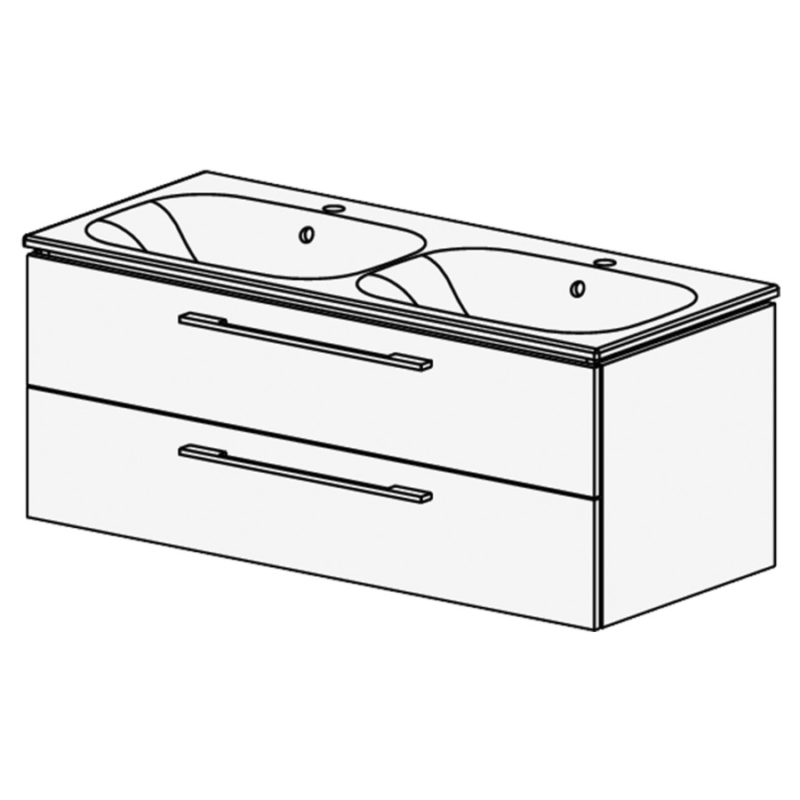 Meuble Stilo Ceram Move II
121 CM
L:  121 / H: 49 / P: 51 cm
table en céramique blanc
avec trop-plein
avec 2 lavabos
2 tiroirs
poignée selon palette
faces/côtés visibles Modern
