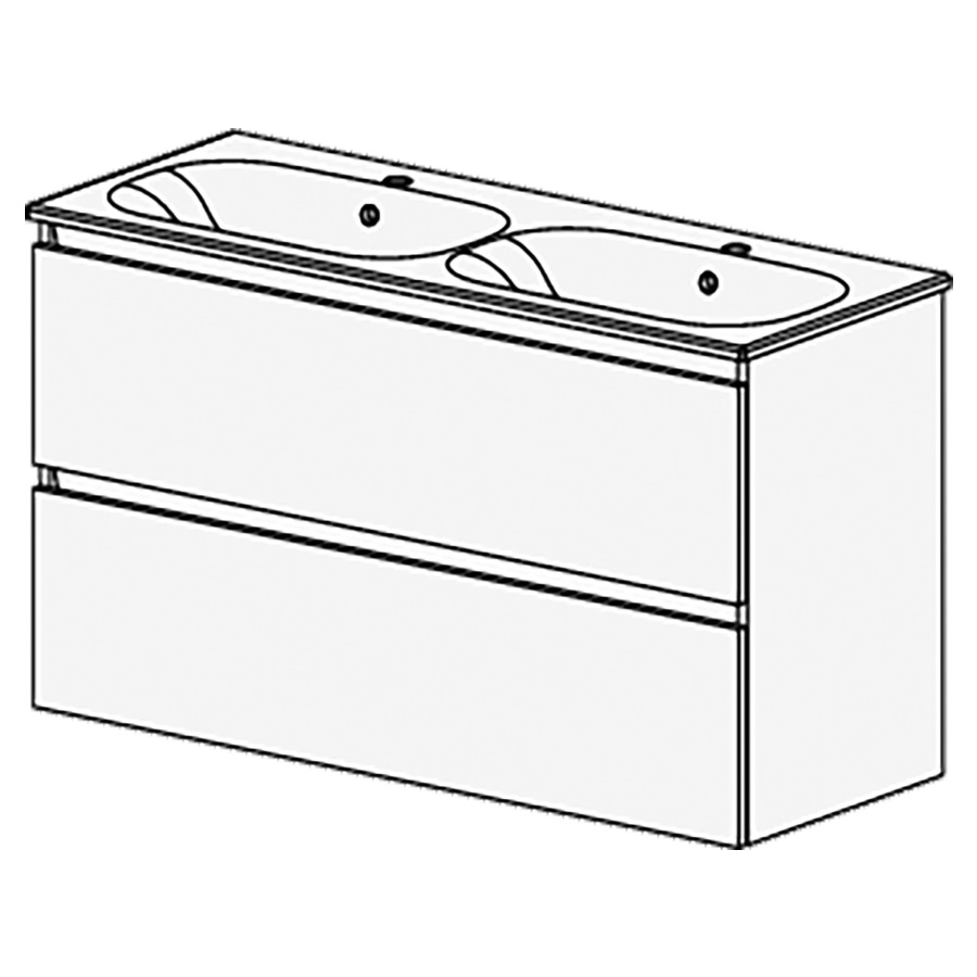 Meuble PROmo Organic X  121 cm
L:121  H:69,8  P:46,5 cm
table en céramique blanc
avec 2 lavabos
2 tiroirs
faces/côtés visibles
selon code
avec liste décor