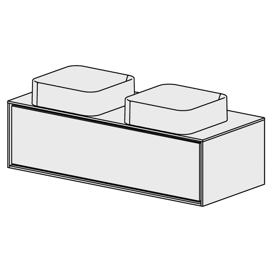 Meuble Harmony 120,5 cm
L: 120, H: 34, P: 51,5 cm
table en blanc Modern
pour  2 lavabos
sans trop-plein, 1 tiroir
tiroir avec Blumotion
cadre décoratif blanc mat
face selon code
sans poignée, avec tip-on
couleurs selon palette
inclus siphon à encombrement
réduit & joint caoutchouc 32mm