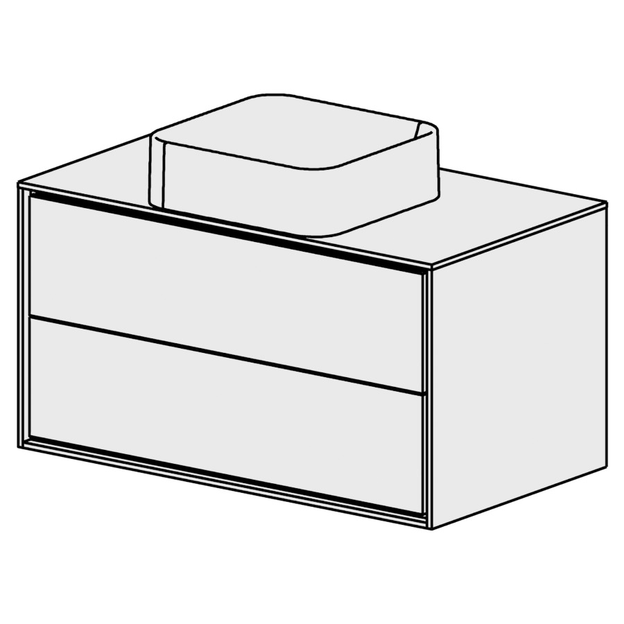 Meuble Harmony 90,5 cm
L: 90, H: 48, P: 51,5 cm
table en blanc Modern
pour  1 lavabo au milieu
sans trop-plein,2 tiroirs
tiroirs avec Blumotion
cadre décoratif blanc mat
faces selon code
sans poignée, avec tip-on
couleurs selon palette
inclus siphon à encombrement
réduit & joint caoutchouc 32mm