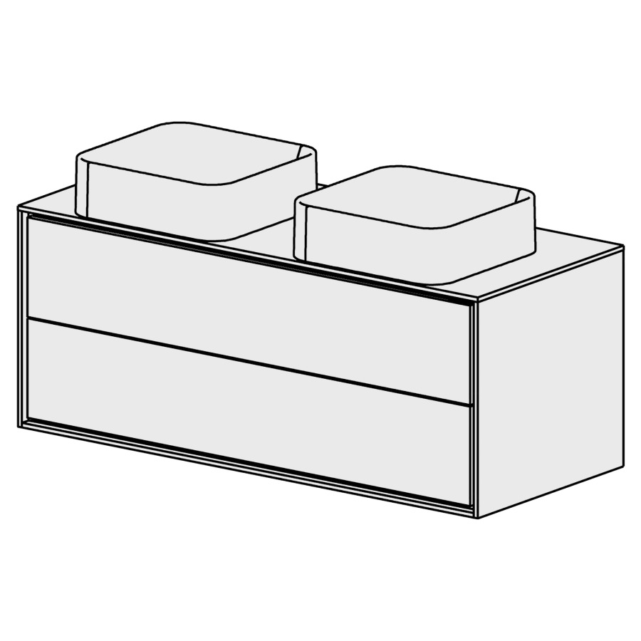 Meuble Harmony 120,5 cm
L: 120, H: 48, P: 51,5 cm
table en blanc Modern
pour 2 lavabos
sans trop-plein, 2 tiroirs
tiroirs avec Blumotion
cadre décoratif blanc mat
faces selon code
sans poignée, avec tip-on
couleurs selon palette
inclus siphon à encombrement
réduit & joint caoutchouc 32mm