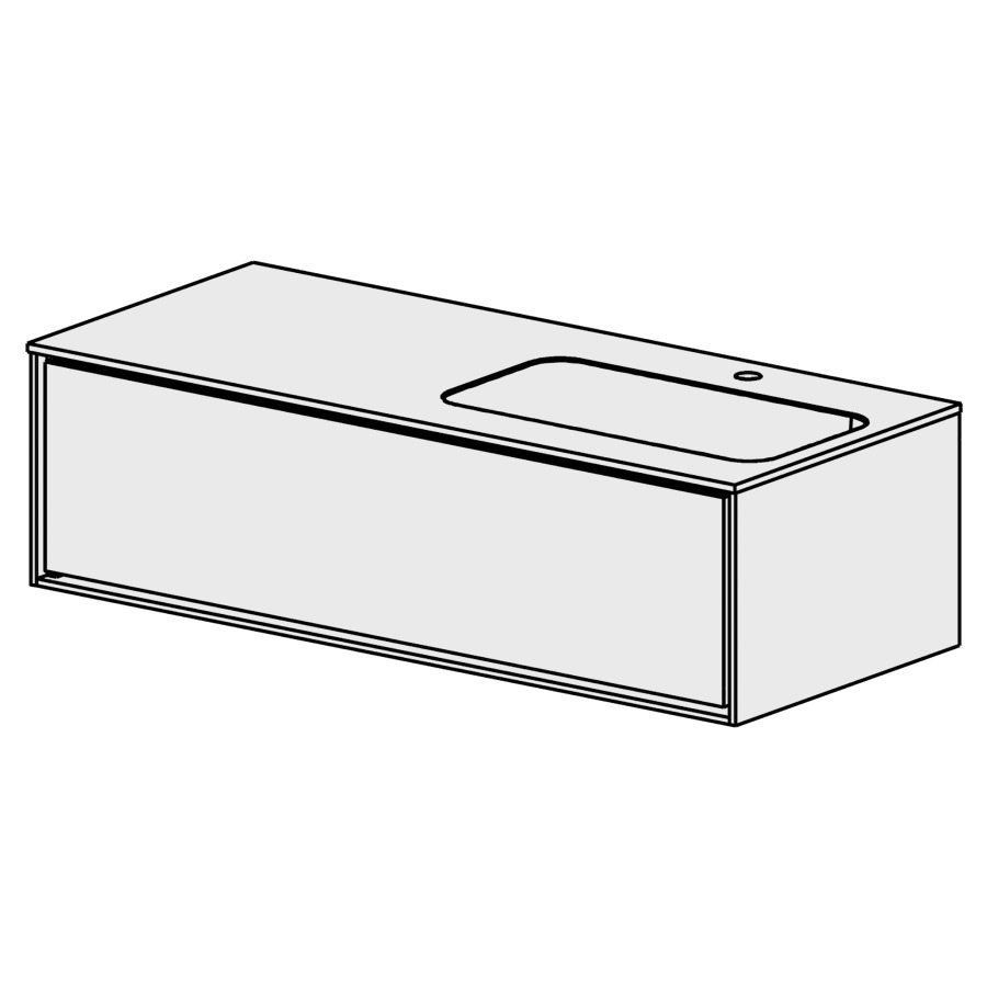 Meuble Harmony Mineral 120,5cm
L: 120, H: 34,5, P: 51,5 cm
table en marbre artificiel
blanc mat avec 1 lavabo à
droite sans trop-plein,
1 tiroir,tiroir avec Blumotion
cadre décoratif blanc mat
face selon code
sans poignée, avec tip-on
couleurs selon palette
inclus siphon à encombrement
réduit & joint caoutchouc 32mm
