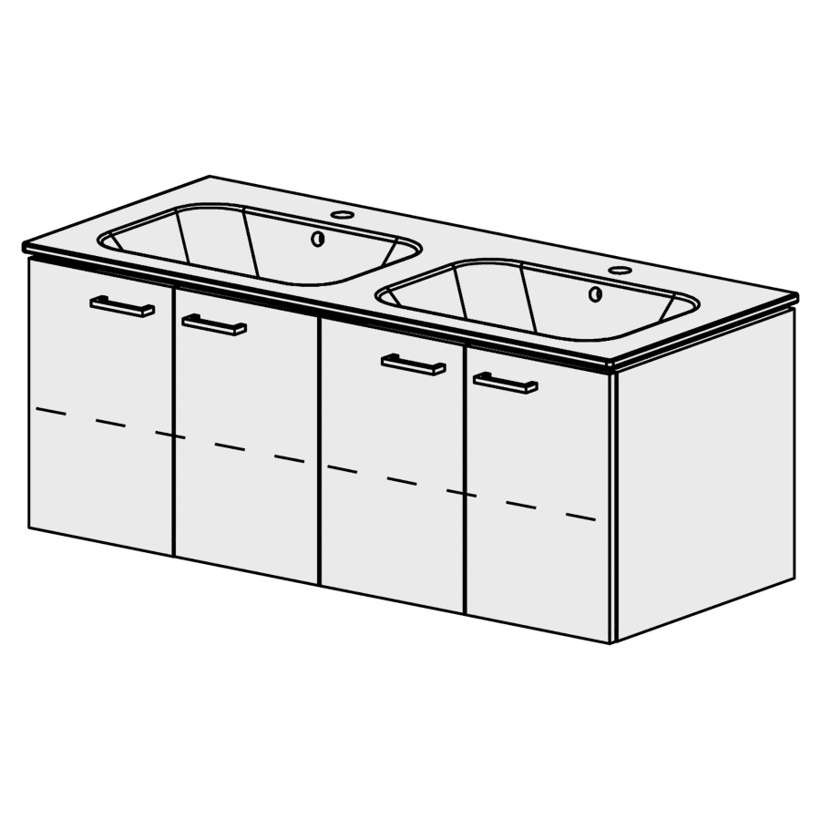 Meuble Stilo Ceram 121 cm
L:121, H:47,5, P:51 cm
table en céramique
blanc, avec 2 lavabos
2 armoires à 2 portes
portes avec Blumotion
2 rayons réglables
poignées selon palette
faces/côtés visibles sel. code
couleurs selon palette