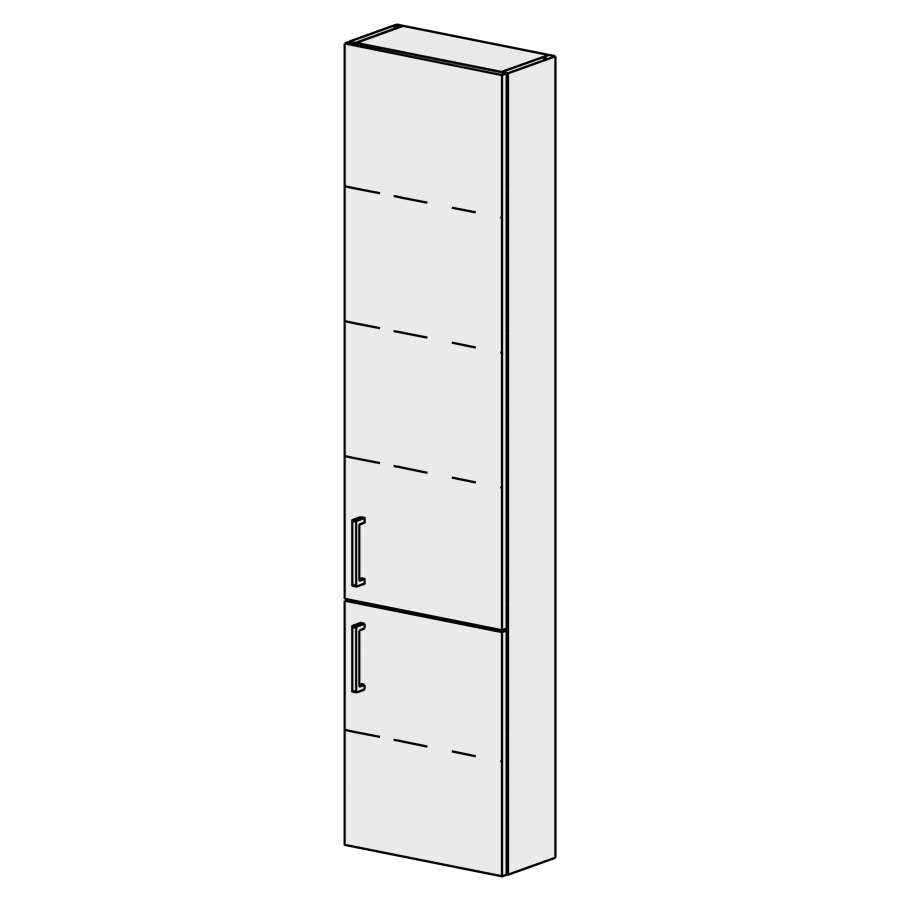 Armoire haute Sélection 40 cm
L: 40 H: 168, P: 17,8 cm
2 portes, charnières à gauche
4 rayons réglables
portes avec Blumotion
poignées selon palette
faces/côtés visibles sel. code
couleurs selon palette