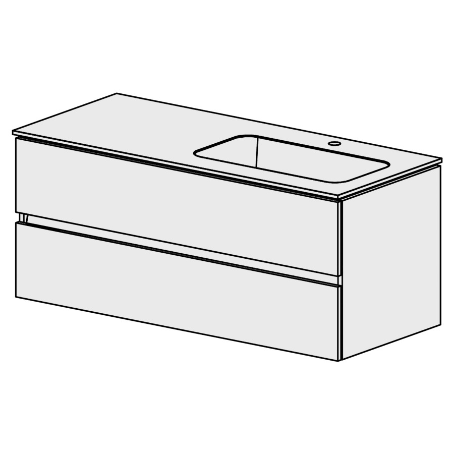Meuble Stilo Mineral 121 cm
L:121, H:49, T:50.7 cm
table en marbre artificiel
blanc mat
avec 1 lavabo à droite
2 tiroirs
tiroirs avec Blumotion
avec liste de décor
faces/côtés visibles sel. code
couleurs selon palette
inclus siphon à encombrement
réduit & joint caoutchouc 32mm