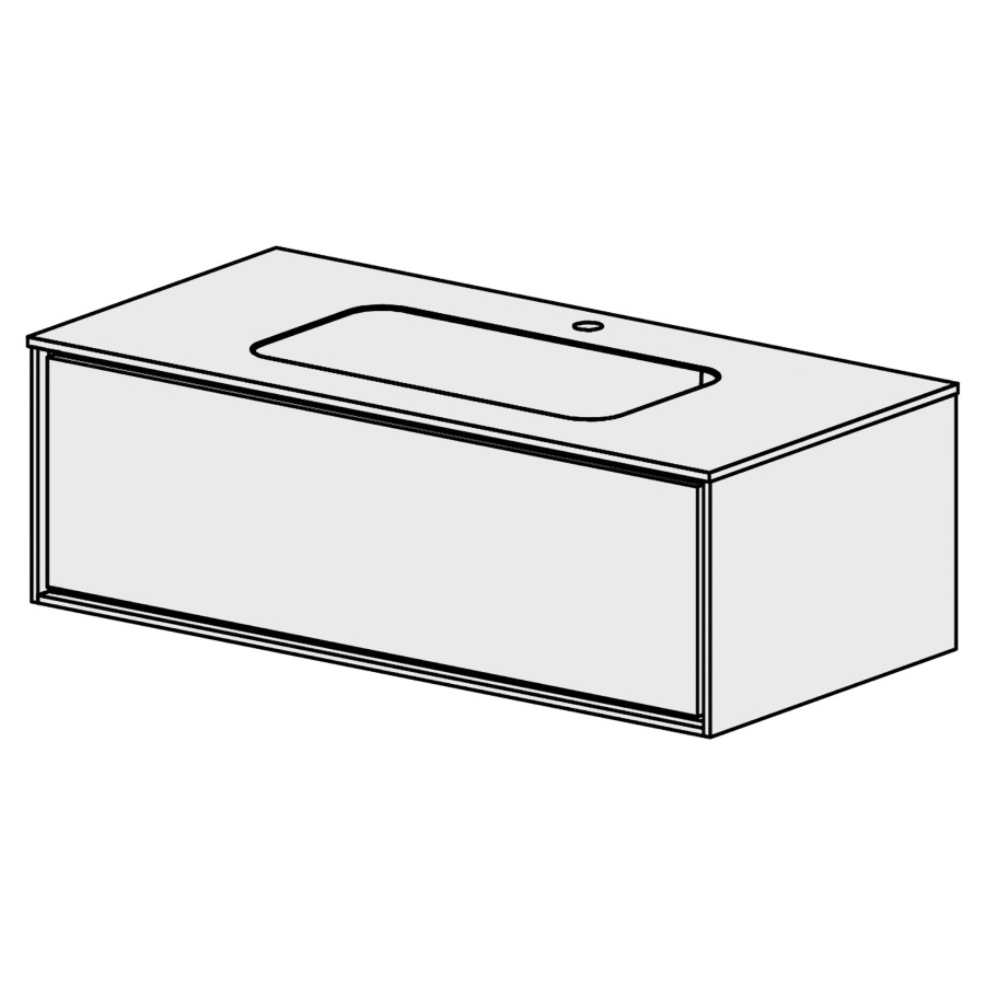 Meuble Harmony 105,5 cm
L: 105, H: 34,5, P: 51,5 cm
table en marbre artificiel
blanc mat,avec 1 lavabo au mi-
lieu sans trop-plein, 1 tiroir
tiroir avec Blumotion
cadre décoratif blanc mat
faces selon code
sans poignée, avec tip-on
couleurs selon palette
inclus siphon à encombrement
réduit & joint caoutchouc 32mm