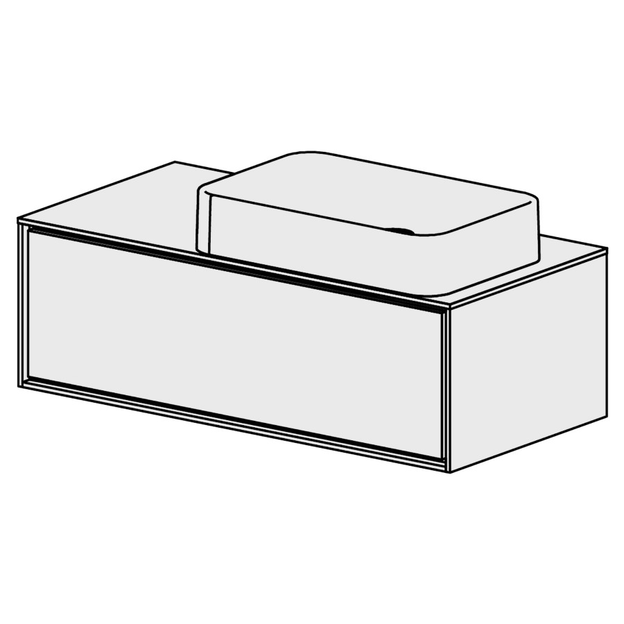 Meuble Harmony 105,5 cm
L: 105, H: 34, P: 51,5 cm
table en blanc Modern
pour  1 lavabo à droite
sans trop-plein, 1 tiroir
tiroir avec Blumotion
cadre décoratif blanc mat
faces selon code
sans poignée, avec tip-on
couleurs selon palette
inclus siphon à encombrement
réduit & joint caoutchouc 32mm