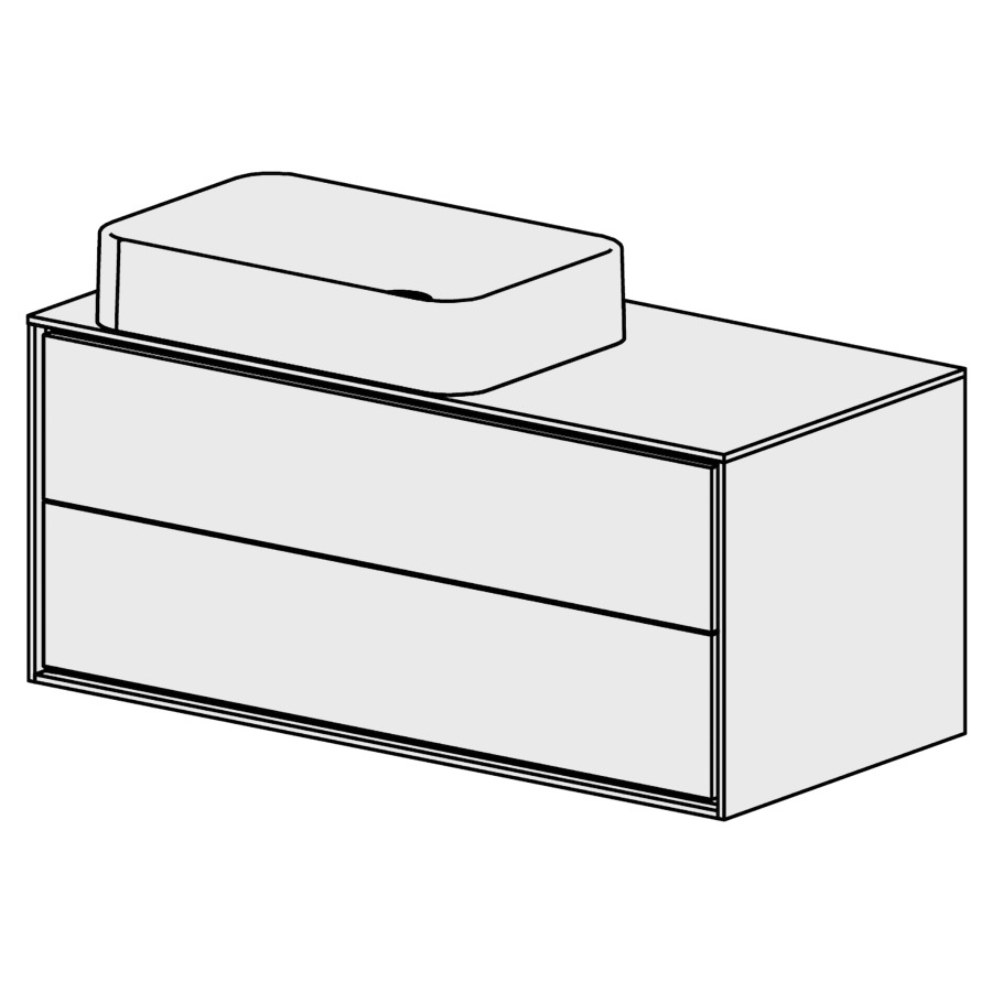 Meuble Harmony 105,5 cm
L: 105, H: 48, P: 51,5 cm
table en blanc Modern
pour  1 lavabo à gauche
sans trop-plein,2 tiroirs
tiroirs avec Blumotion
cadre décoratif blanc mat
faces selon code
sans poignée, avec tip-on
couleurs selon palette
inclus siphon à encombrement
réduit & joint caoutchouc 32mm