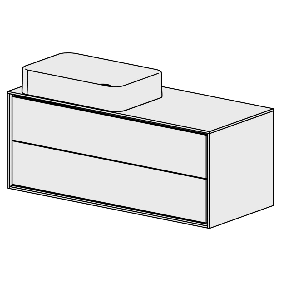 Meuble Harmony 120,5 cm
L: 120, H: 48, P: 51,5 cm
table en blanc Modern
pour  1 lavabo à gauche
sans trop-plein,2 tiroirs
tiroirs avec Blumotion
cadre décoratif blanc mat
faces selon code
sans poignée, avec tip-on
couleurs selon palette
inclus siphon à encombrement
réduit & joint caoutchouc 32mm