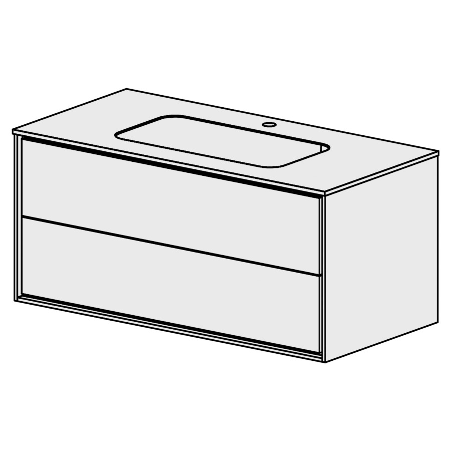 Meuble Harmony 105,5 cm
L: 105 H: 48,5, P: 51,5 cm
table en marbre artificiel
blanc brillant,avec 1 lavabo
milieu sans trop-plein,2 ti-
roirs, tiroirs avec Blumotion
cadre décoratif blanc brillant
faces selon code
sans poignée, avec tip-on
couleurs selon palette
inclus siphon à encombrement
réduit & joint caoutchouc 32mm