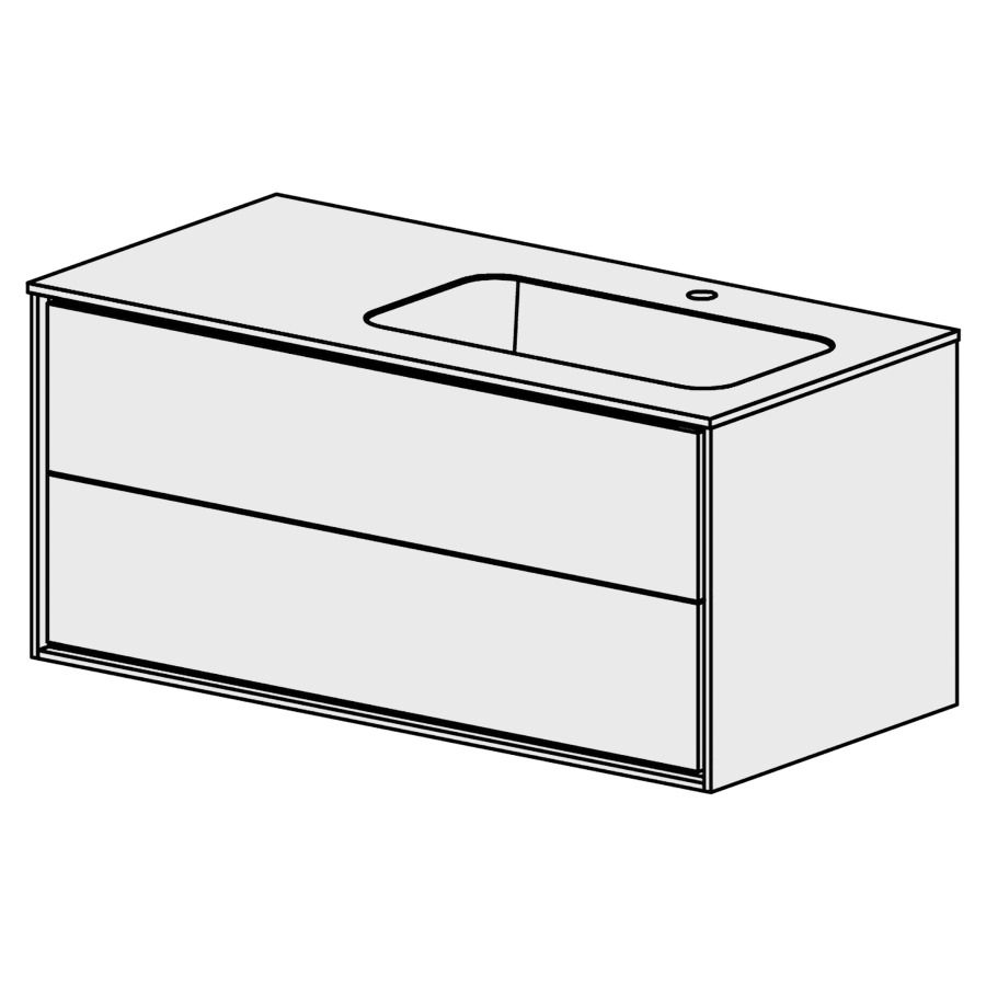 Meuble Harmony 105,5 cm
L: 105 H: 48,5, P: 51,5 cm
table en marbre artificiel
blanc brillant,avec 1 lavabo
droite sans trop-plein,2 ti-
roirs, tiroirs avec Blumotion
cadre décoratif blanc brillant
faces selon code
sans poignée, avec tip-on
couleurs selon palette
inclus siphon à encombrement
réduit & joint caoutchouc 32mm
