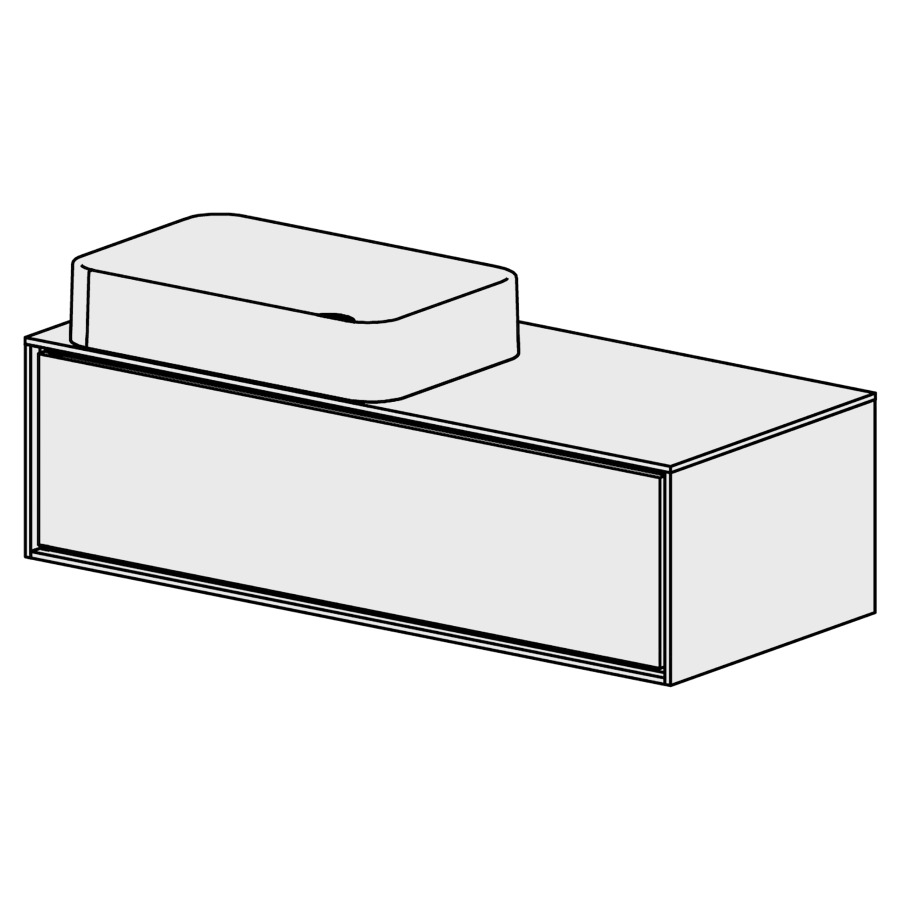 Meuble Harmony 120,5 cm
L: 120, H: 34, P: 51,5 cm
table en blanc Modern
pour  1 lavabo à gauche
sans trop-plein, 1 tiroir
tiroir avec Blumotion
cadre décoratif blanc brillant
faces selon code
sans poignée, avec tip-on
couleurs selon palette
inclus siphon à encombrement
réduit & joint caoutchouc 32mm