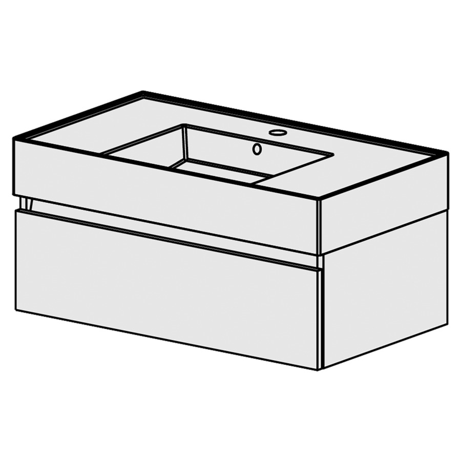 Meuble Quadra 81 cm
L: 81, H: 37.8, P: 46 cm
table en céramique blanc,
avec 1 lavabo au milieu,
armoire à 1 tiroir, avec
Blumotion et liste décor,
faces/côtés visibles sel. code
couleurs selon palette,
incl 1 sifon encombr. réduit