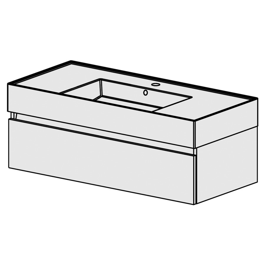 Meuble Quadra 101 cm
L: 101, H: 37.8, P: 46 cm
table en céramique blanc,
avec 1 lavabo au milieu,
armoire à 1 tiroir, avec
Blumotion et liste décor,
faces/côtés visibles sel. code
couleurs selon palette,
incl 1 sifon encombr. réduit