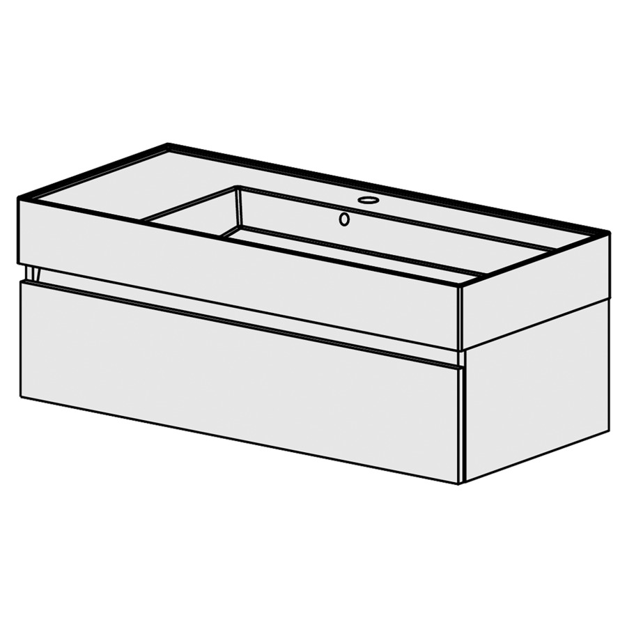 Meuble Quadra 101 cm
L: 101, H: 37.8, P: 46 cm
table en céramique blanc, avec
1 lavabo à droite,
avec 1 tiroir et liste décor,
faces/côtés visibles sel. code
couleurs selon palette,
incl 1 siphon encombr. réduit