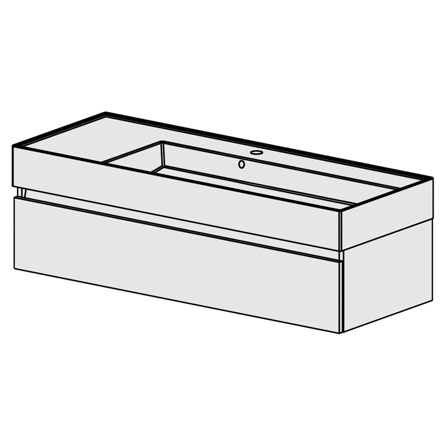 Meuble Quadra 121 cm
L: 121, H: 37.8, P: 46 cm
table en céramique blanc,
avec 1 lavabo à droite,avec 1
tiroir, avec Blumotion,
et liste décor,
faces/côtés visibles sel. code
couleurs selon palette,
incl 1 sifon encombr. réduit