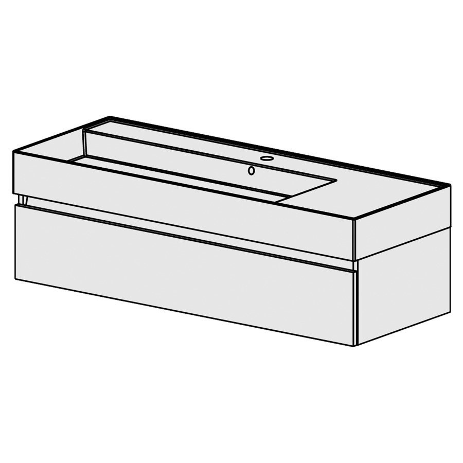 Meuble Quadra 121 cm
L: 121, H: 37.8, P: 46 cm
table en céramique blanc,
avec 1 lavabo à gauche,avec 1
tiroir, avec Blumotion,
et liste décor,
faces/côtés visibles sel. code
couleurs selon palette,
incl 1 sifon encombr. réduit