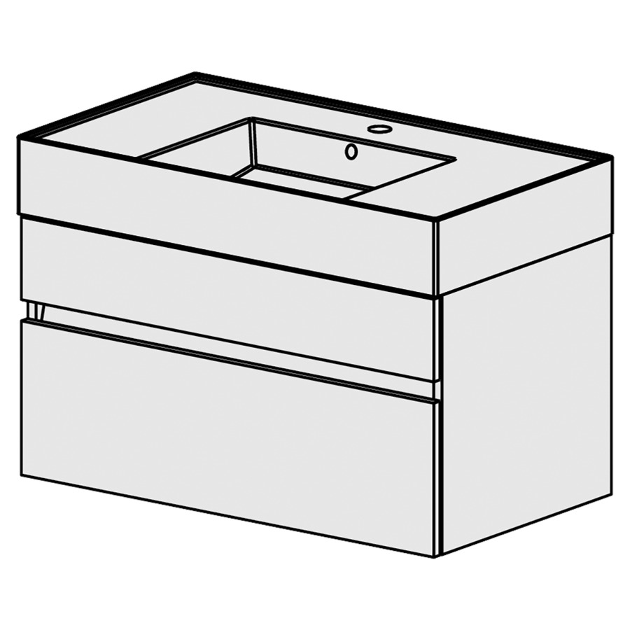 Meuble Quadra 81 cm
L: 81, H:51.5, P: 46 cm
table en céramique blanc,
avec 1 lavabo au milieu,
armoire à 2 tiroirs, avec
Blumotion et liste décor,
faces/côtés visibles sel. code
couleurs selon palette,
incl 1 sifon encombr. réduit