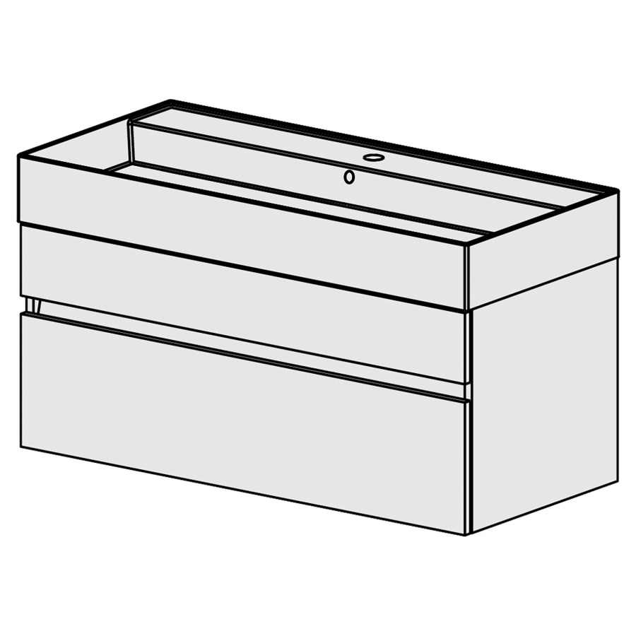 Meuble Quadra 101 cm
L: 101, H:51.5, P: 46 cm
table en céramique blanc,
avec 1 lavabo toute longeur,
armoire à 2 tiroirs, avec
Blumotion et liste décor,
faces/côtés visibles sel. code
couleurs selon palette,
incl 1 sifon encombr. réduit