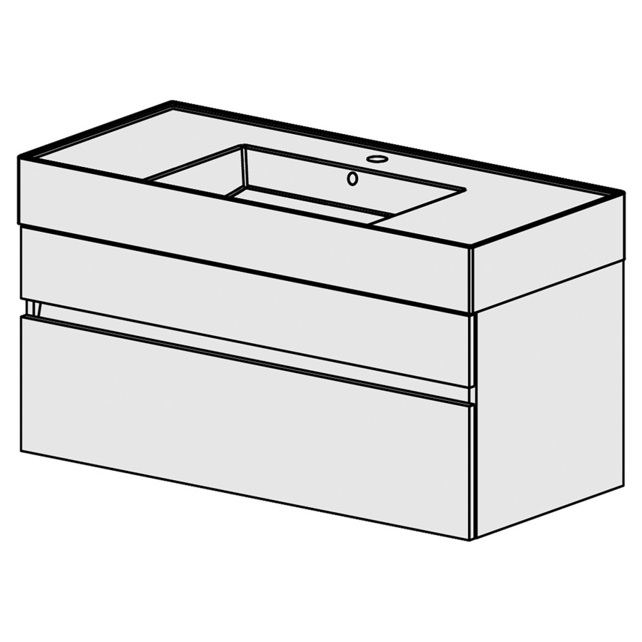 Meuble Quadra 101 cm
L: 101, H:51.5, P: 46 cm
table en céramique blanc,
avec 1 lavabo au milieu,
armoire à 2 tiroirs, avec
Blumotion et liste décor,
faces/côtés visibles sel. code
couleurs selon palette,
incl 1 sifon encombr. réduit