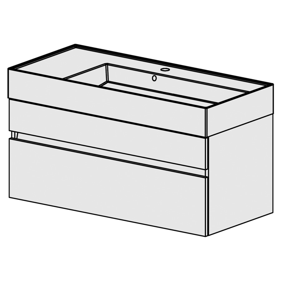 Meuble Quadra 101 cm
L: 101, H:51.5, P: 46 cm
table en céramique blanc, avec
1 lavabo à droite,
avec 2 tiroirs et liste décor,
faces/côtés visibles sel. code
couleurs selon palette,
incl 1 siphon encombr. réduit