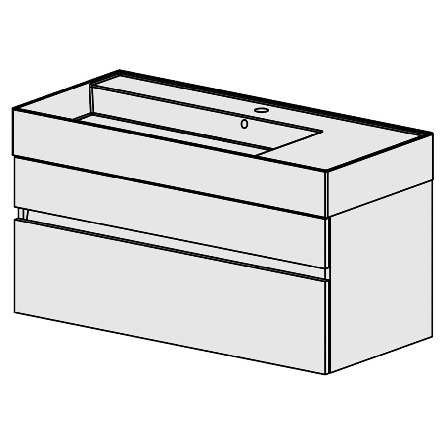 Meuble Quadra 101 cm
L: 101, H: 51.5, P: 46 cm
table en céramique blanc,
avec 1 lavabo à gauche, avec 2
tiroirs, avec Blumotion,
et liste décor,
faces/côtés visibles sel. code
couleurs selon palette,
incl 1 sifon encombr. réduit